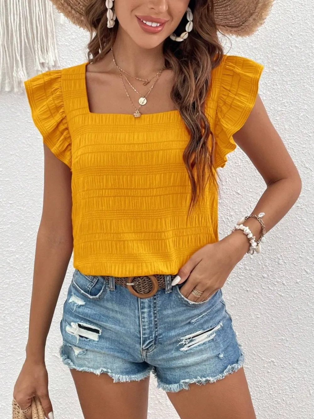 Ruffled Square Neck Cap Sleeve Blouse, image 31