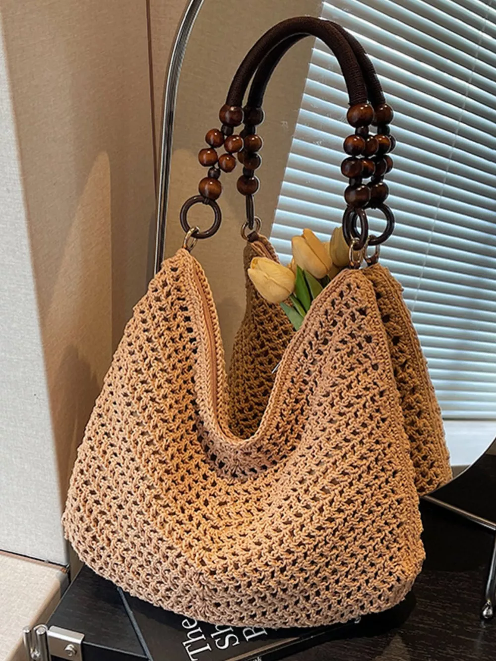 Knitted Shoulder Bag with Wooden Bead Handle, image 8