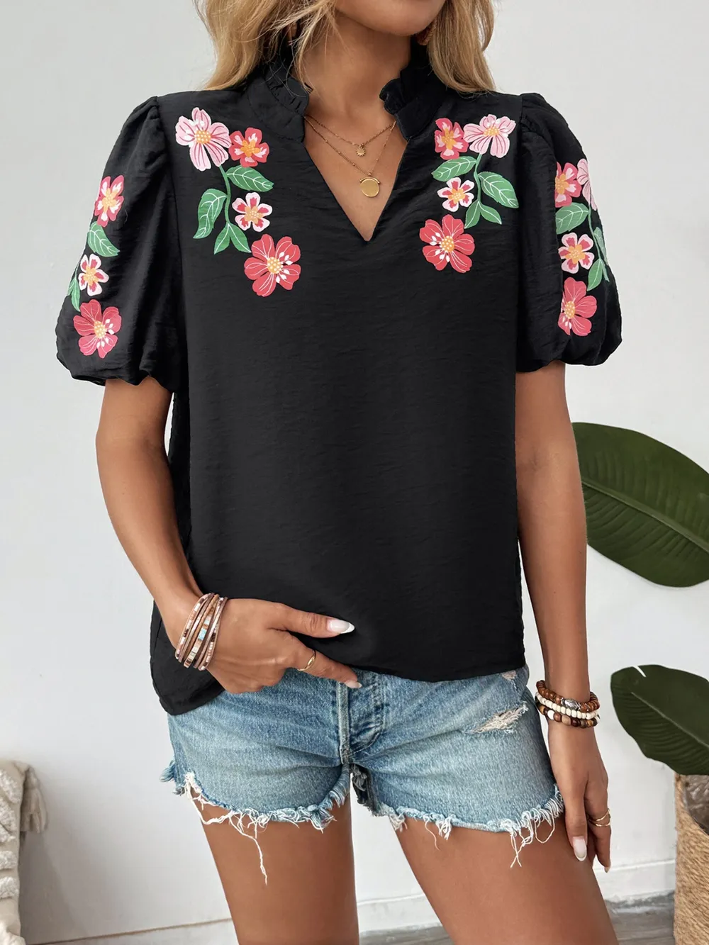 Floral Puff Sleeve Notched Blouse, image 3