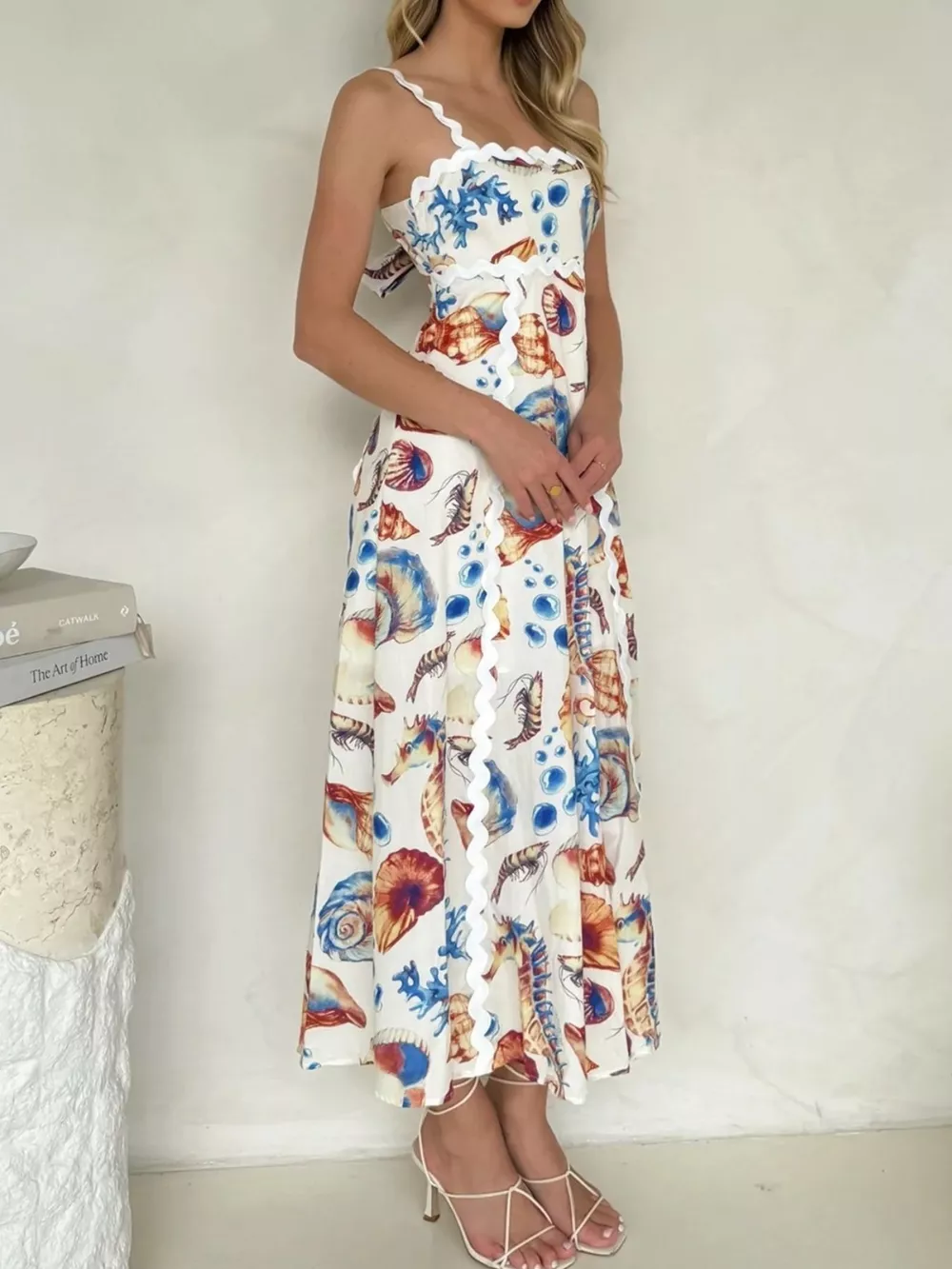 Seashell Print Scalloped Midi Dress, image 7