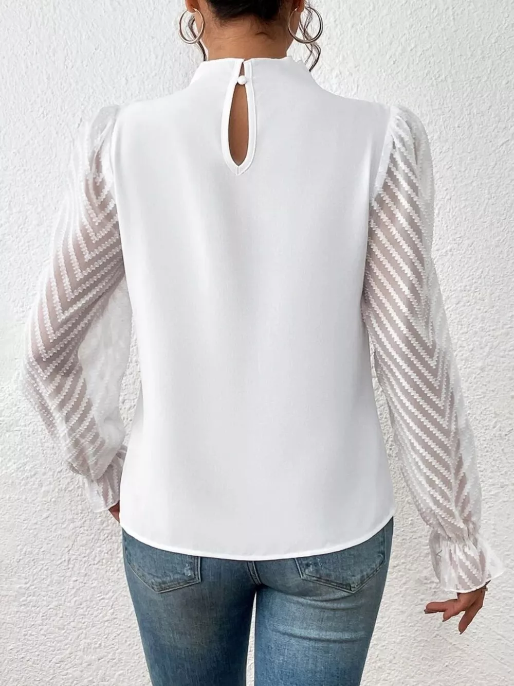 Mock Neck Sheer Lace Sleeve Blouse, image 3