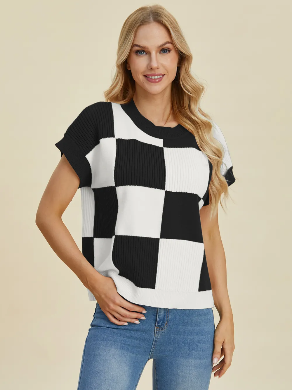 Full Size Checkered Round Neck Short Sleeve Sweater, image 13