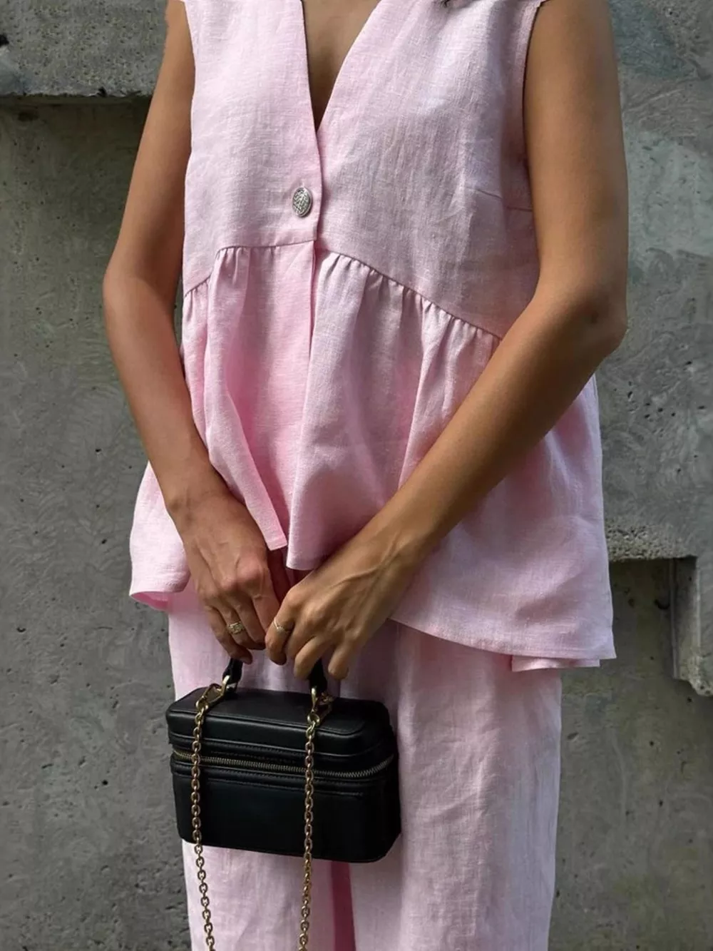 One Button Sleeveless Top and Wide-Leg Pants Set, image 5