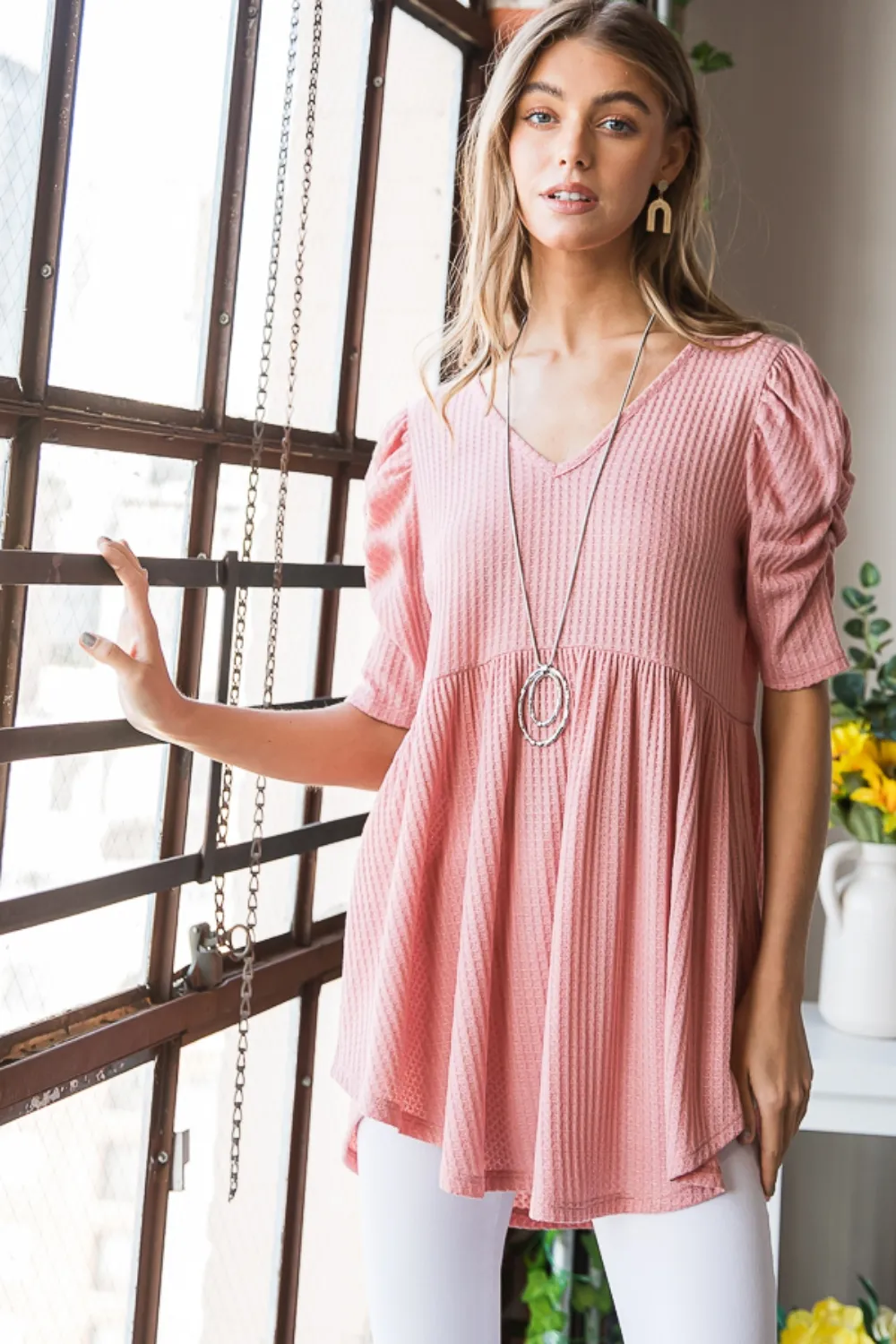 Full Size Waffle Knit V-Neck Babydoll Top, image 4