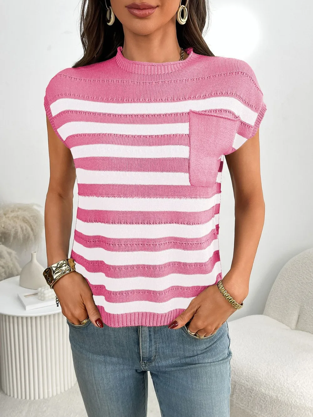 Striped Mock Neck Cap Sleeve Knit Top, image 11