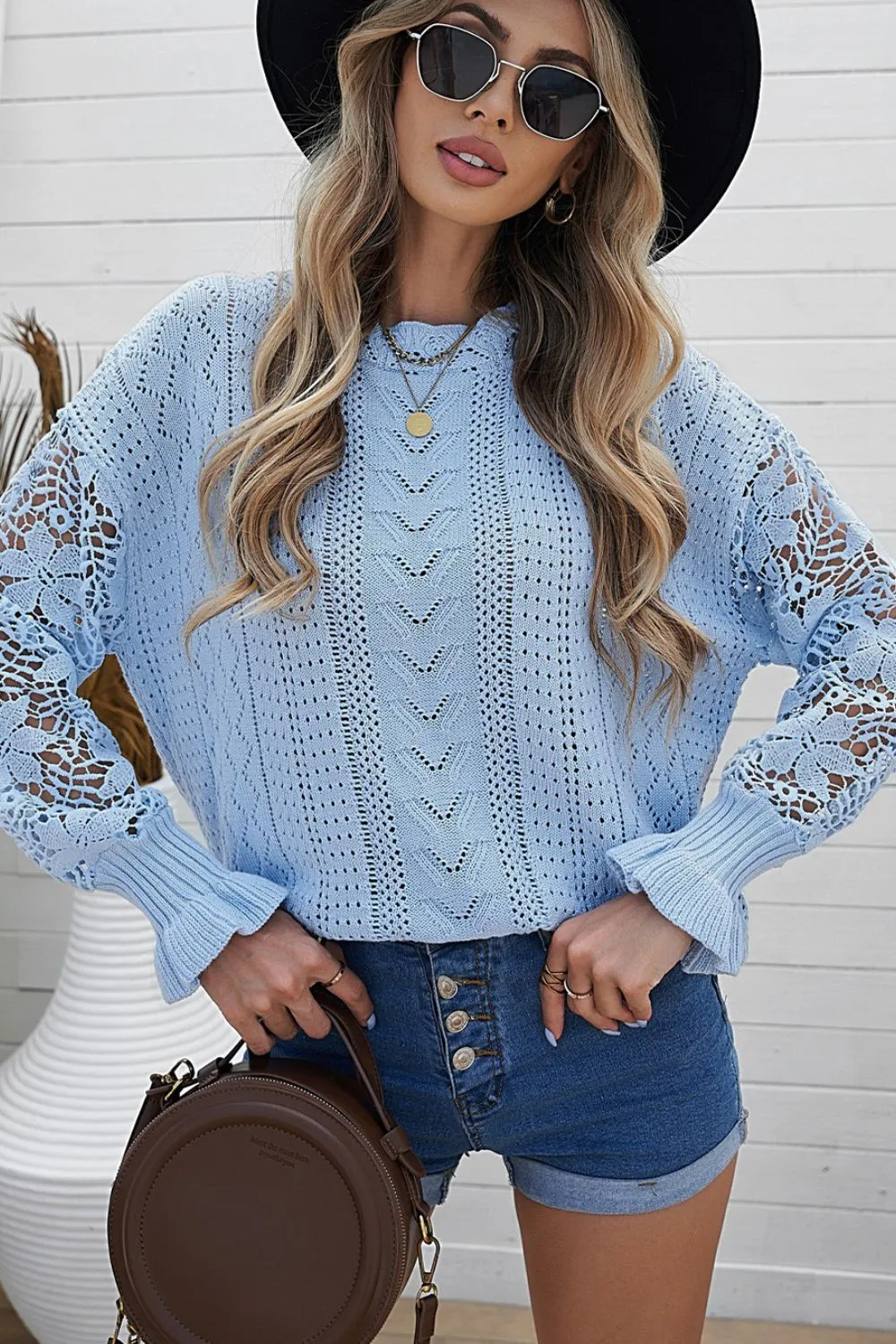Openwork Round Neck Long Sleeve Sweater, image 11