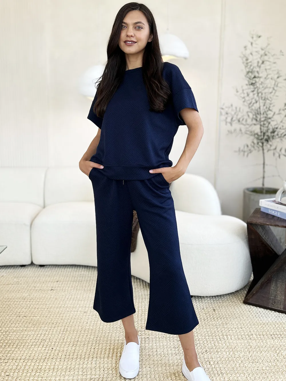 Full Size Texture Short Sleeve Top and Pants Set, image 15