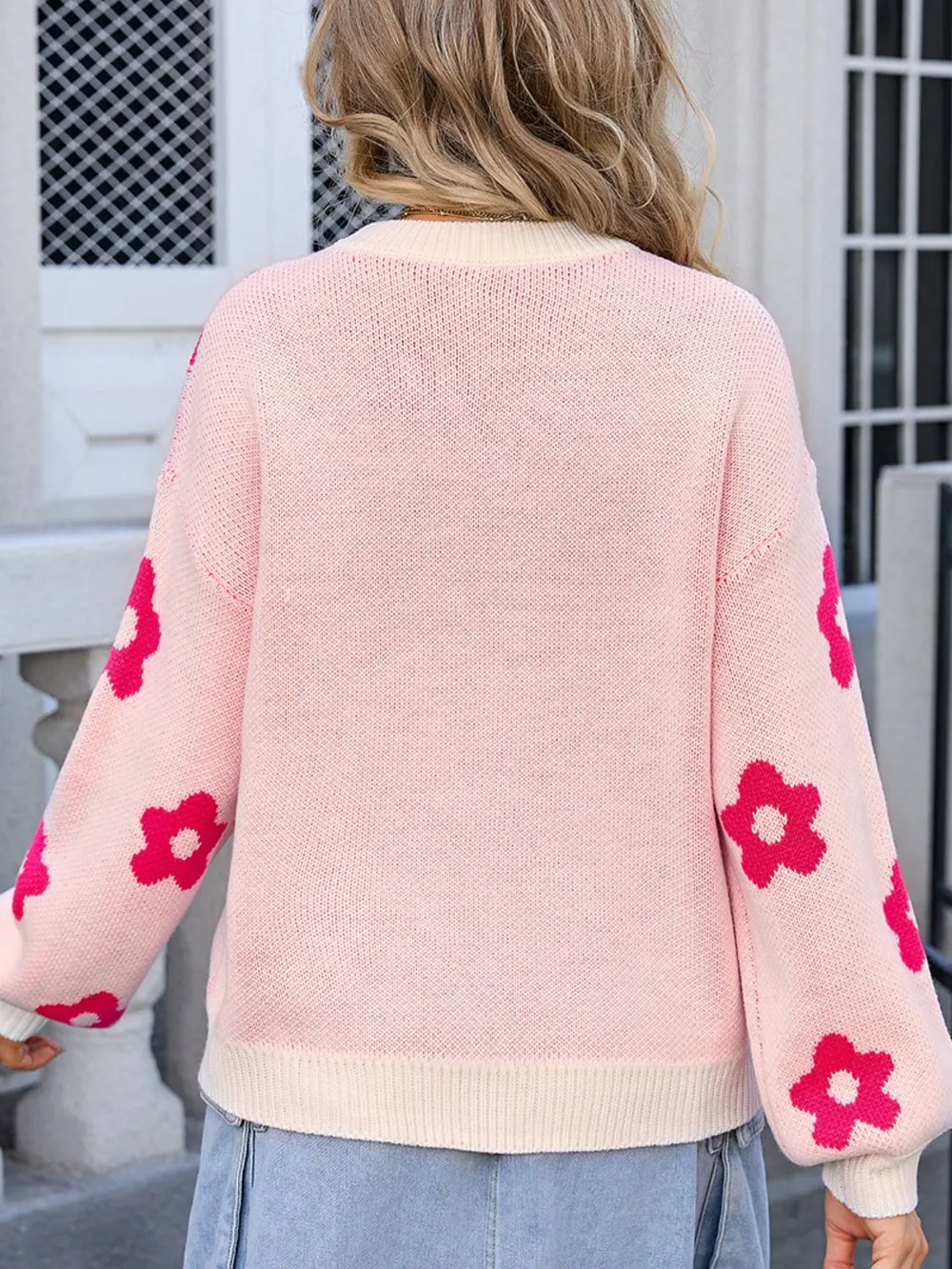 Flower Round Neck Dropped Shoulder Sweater, image 3