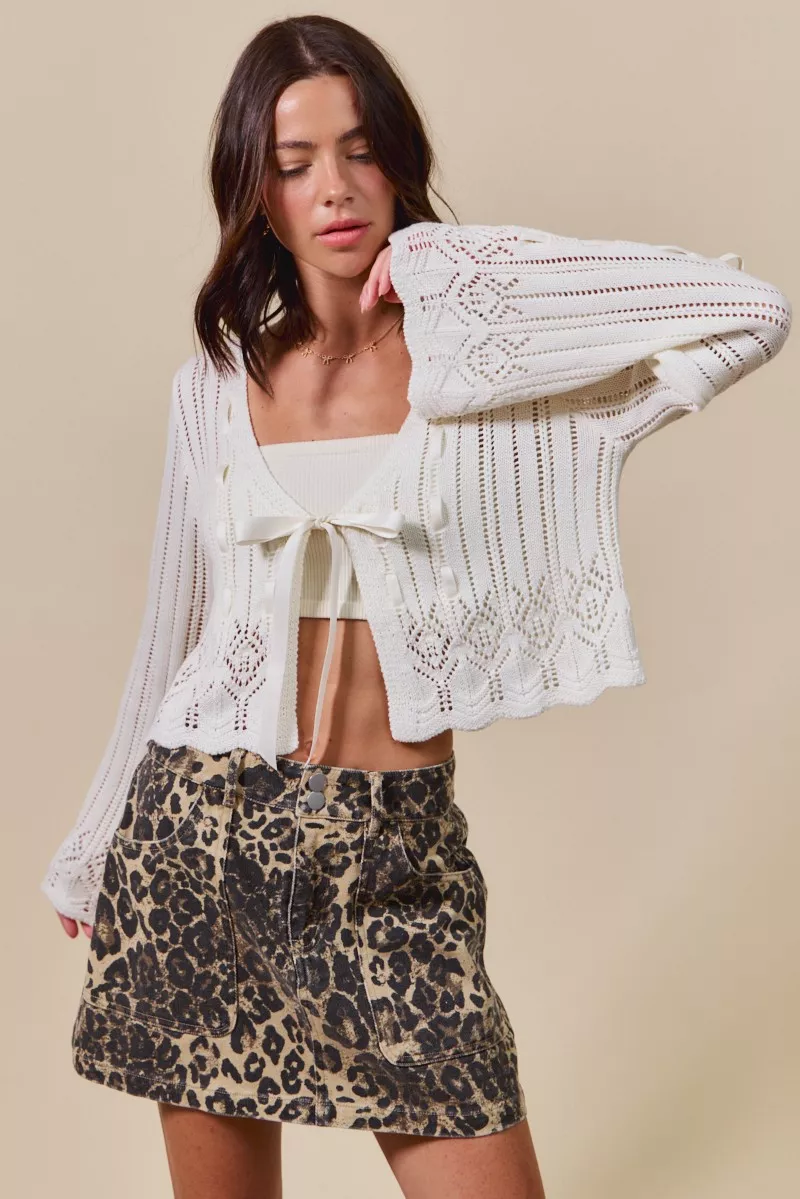 Textured Sweater Open Front Ribbon Tie Cardigan, image 3