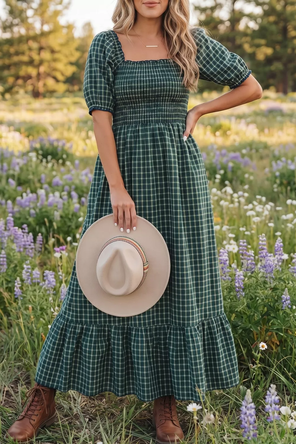Plaid Square Neck Shirred High Waist Ruffle Hem Maxi Dress, image 3