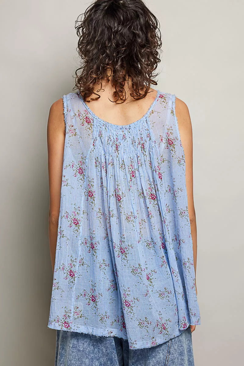 POL Round Neck Sleeveless Floral Pleated Cotton Top, image 3