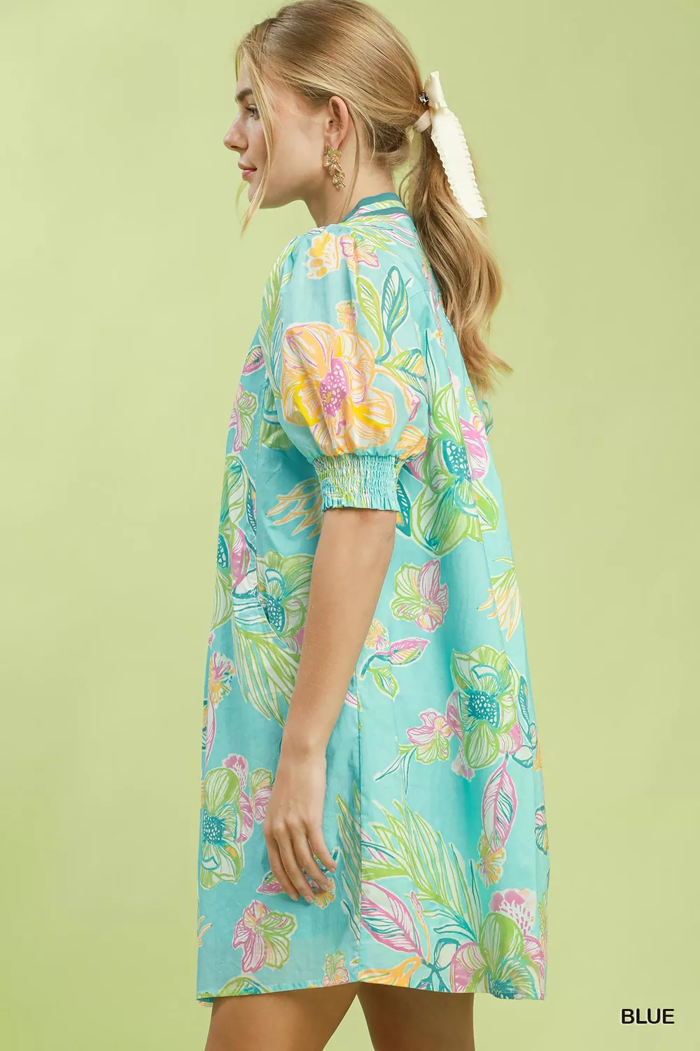 Botanical Print Dress with Smocked Cuffs, image 2