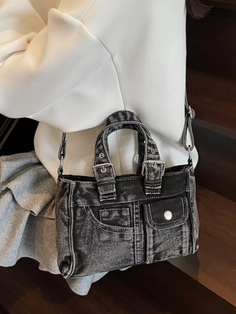 Vintage Washed Denim Crossbody Bag, image 5