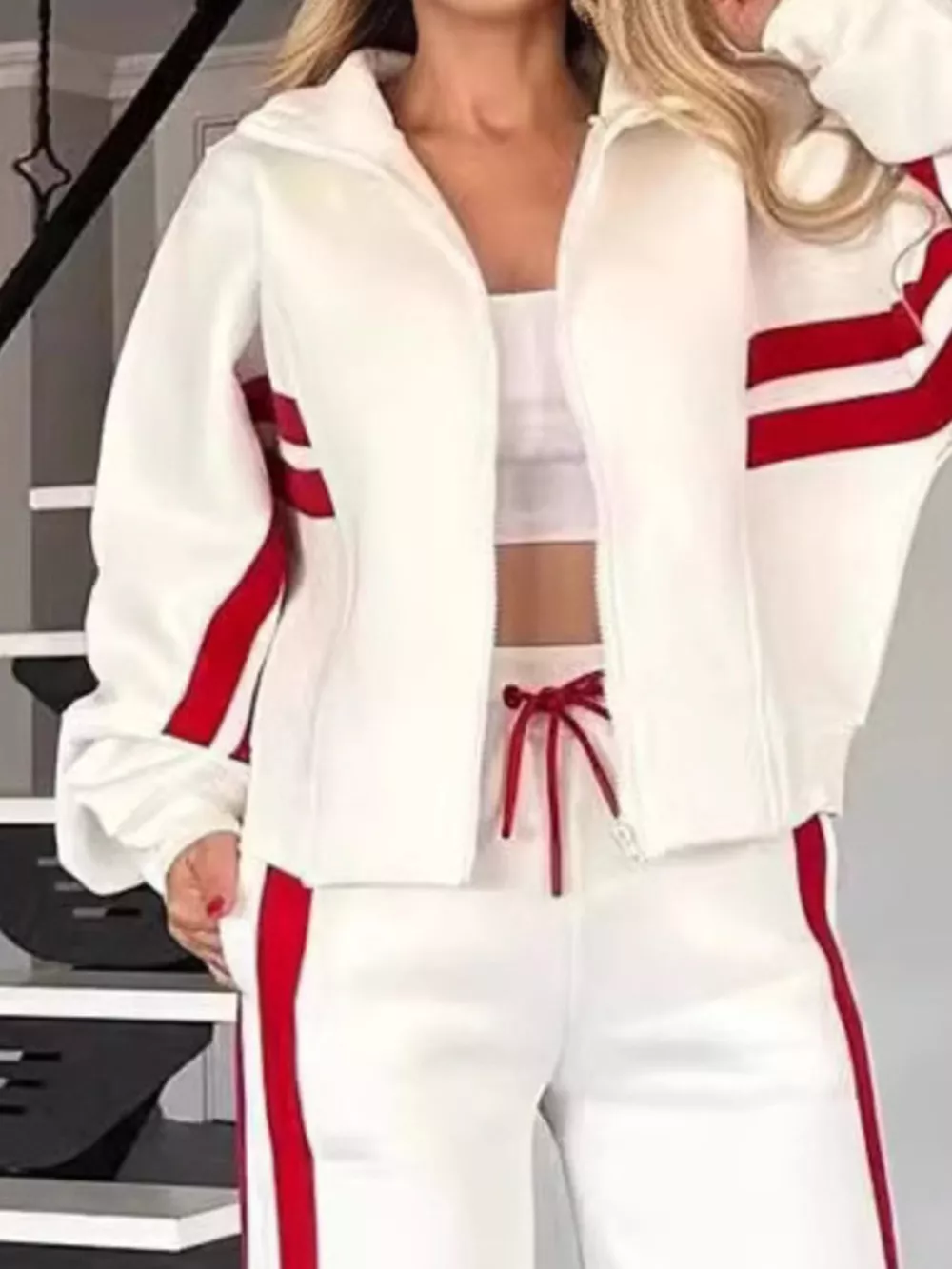Full Size Contrast Stripe Zip Up Jacket and Pants Set Plus Size, image 3