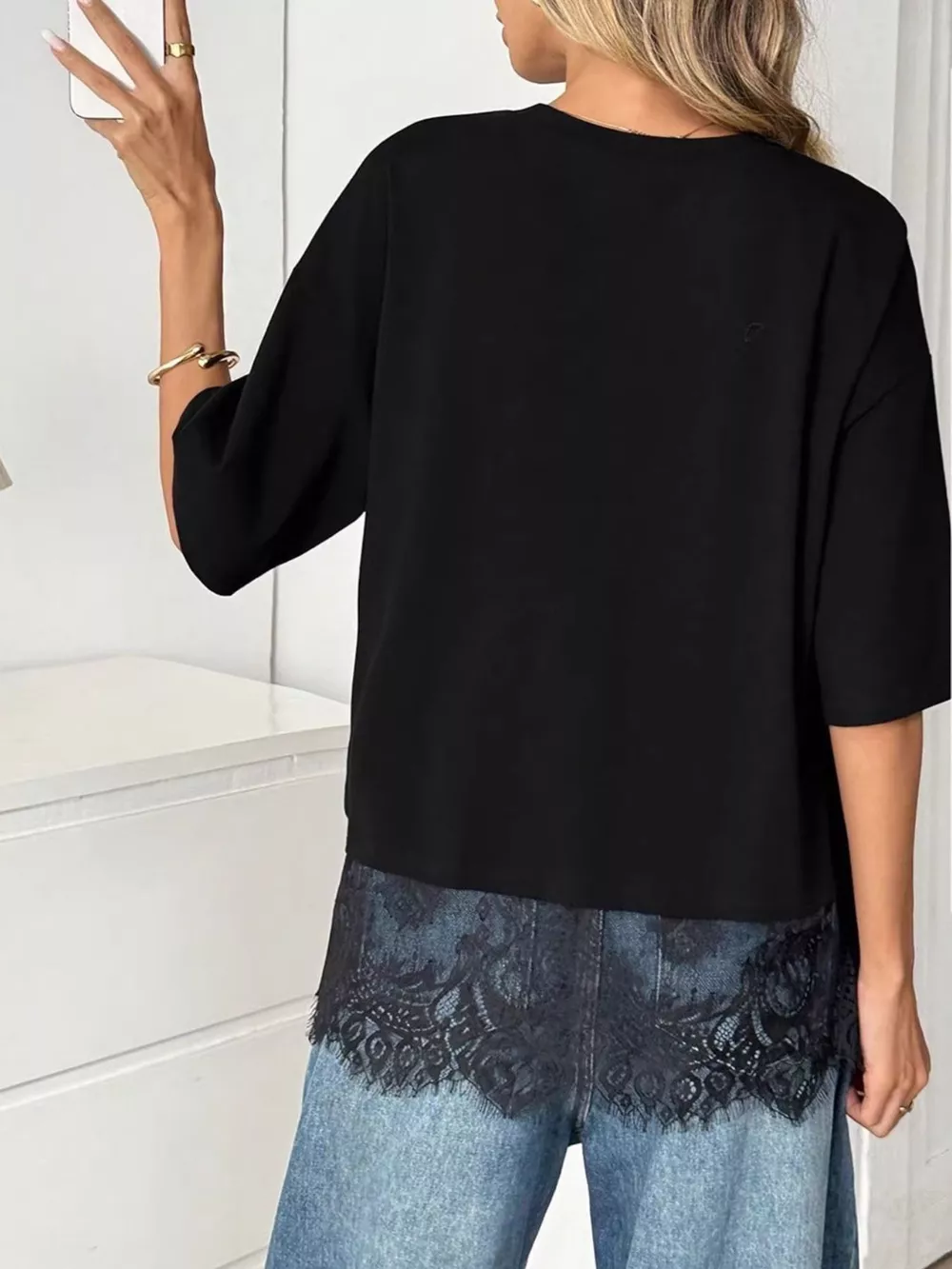 Lace Hem Round Neck T-Shirt, image 4