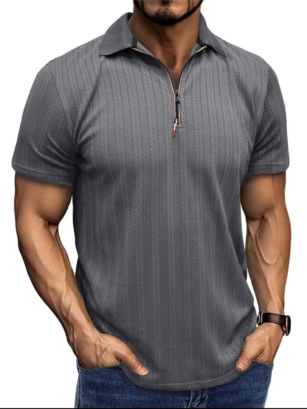 Men's Textured Quarter-Zip Polo Shirt, image 5