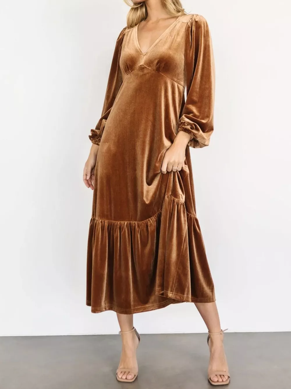 Velvet Tiered Long Sleeve Midi Dress, image 9