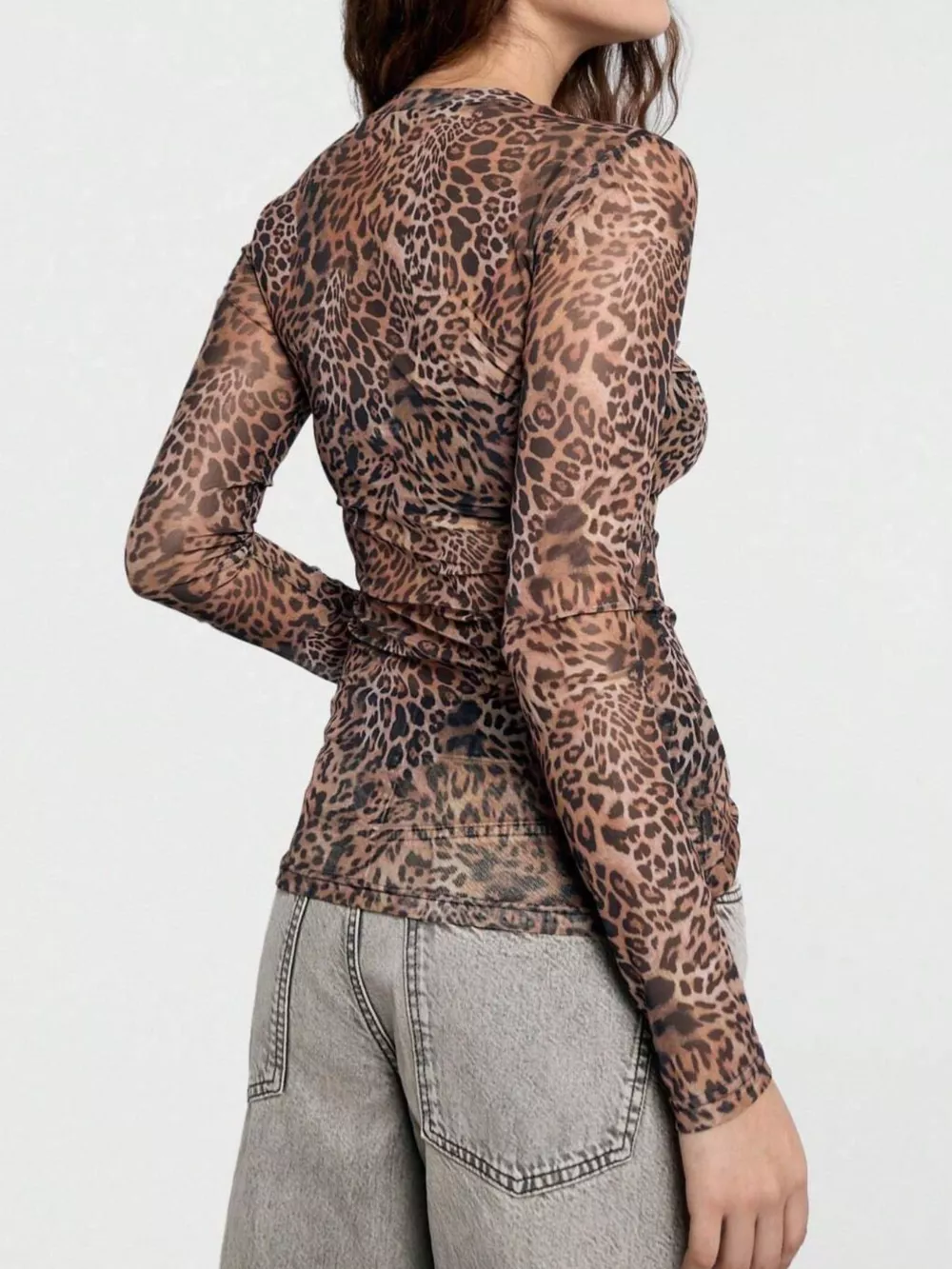Sheer Leopard Print Long Sleeve Blouse, image 2