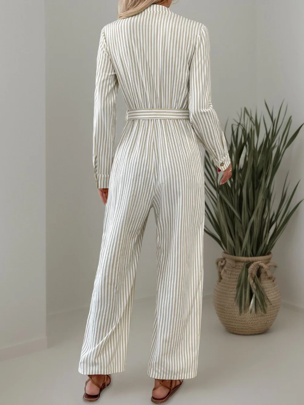Striped Notched Long Sleeve Tie Waist Jumpsuit, image 2