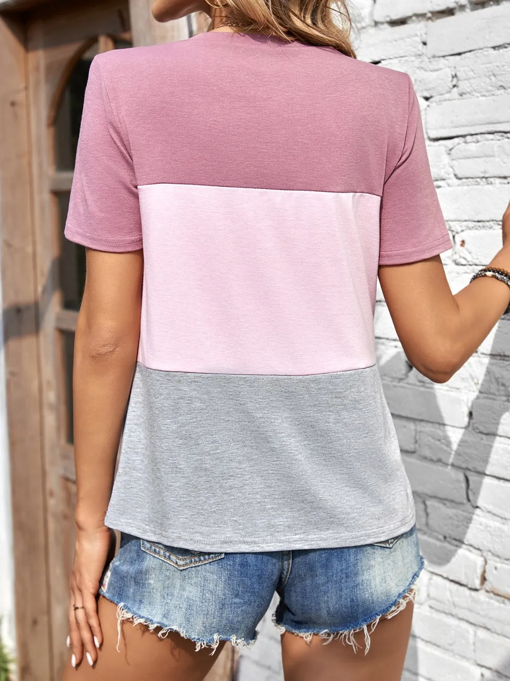Color Block Round Neck Short Sleeve T-Shirt, image 6