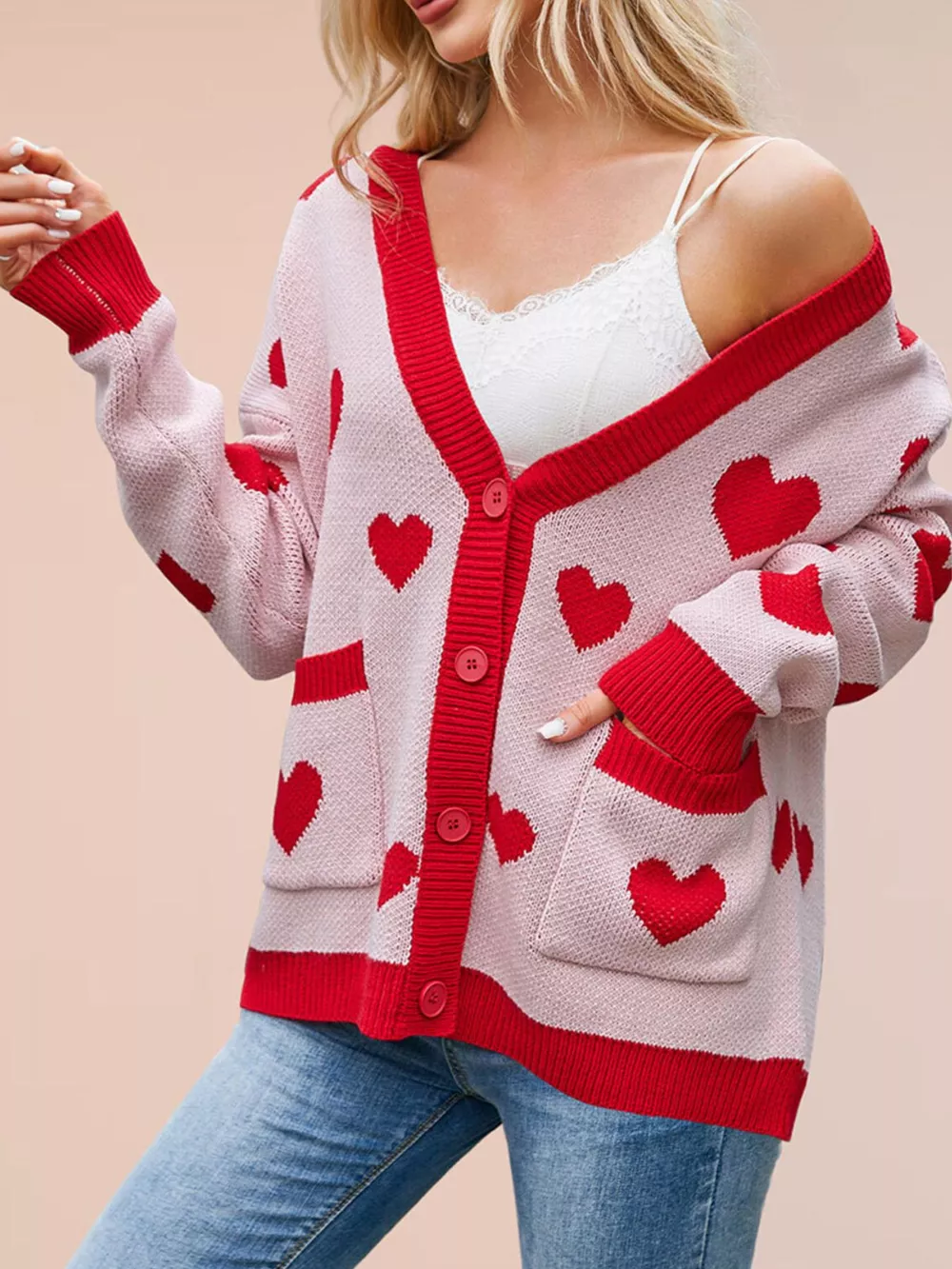 Heart Pattern V-Neck Button-Down Knit Cardigan, image 4