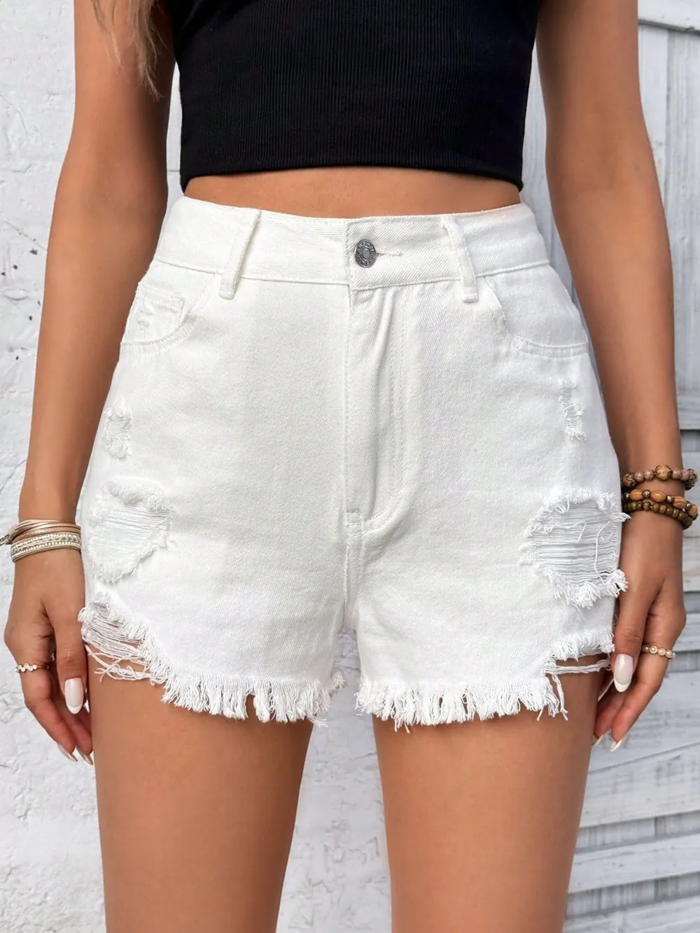 Distressed Raw Hem High Rise Denim Shorts, image 6