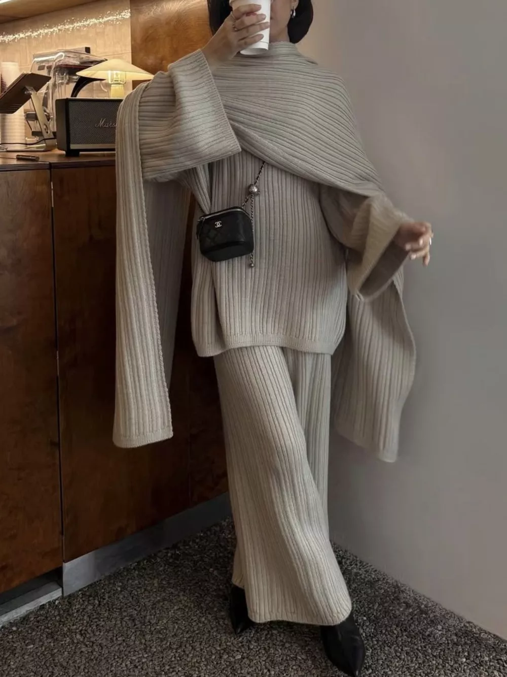 3-Piece Crew Neck Ribbed Sweater and Wide-Leg Pants Set with Scarf, image 4