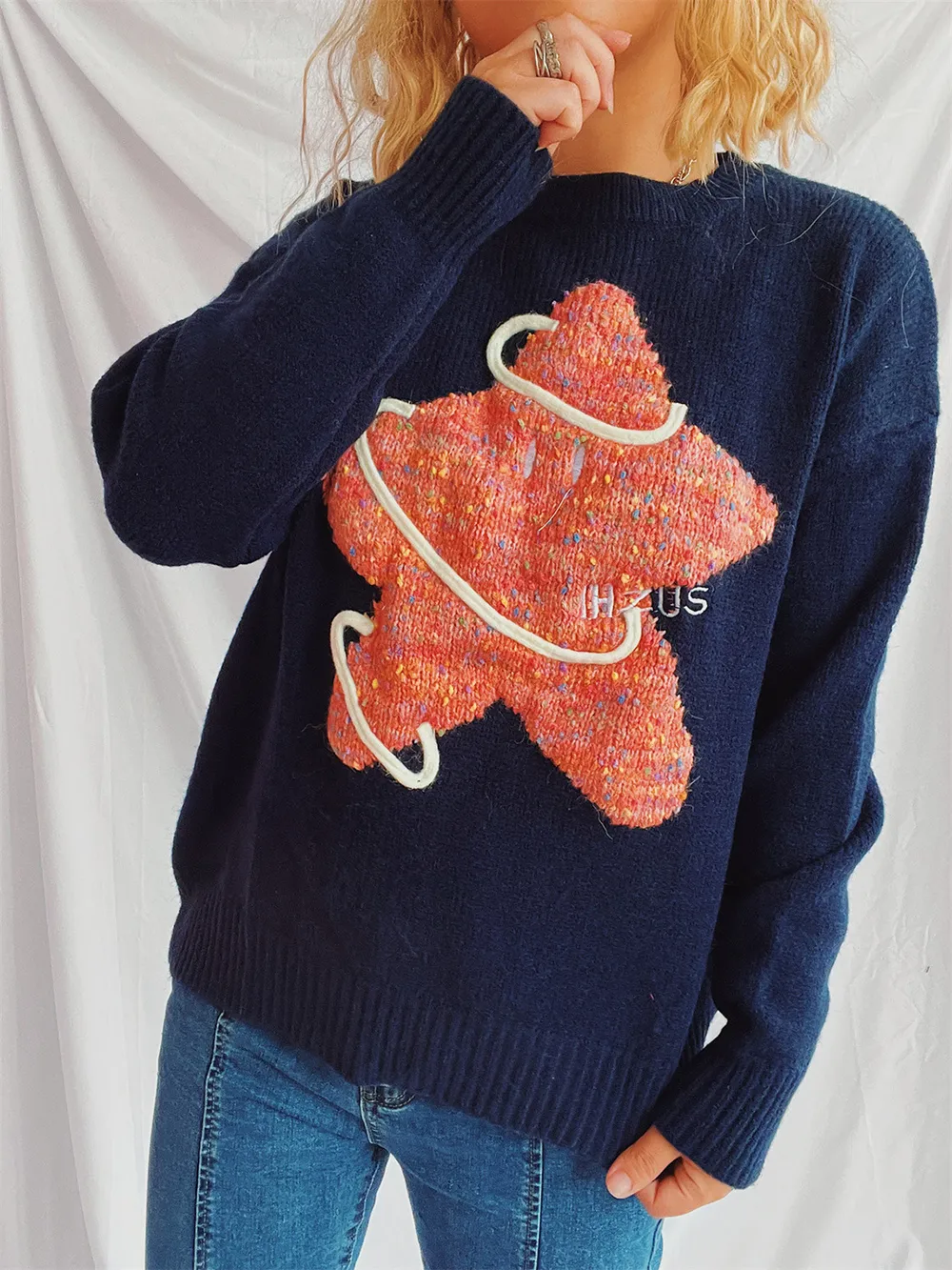 Contrast Star Round Neck Long Sleeve Sweater, image 9
