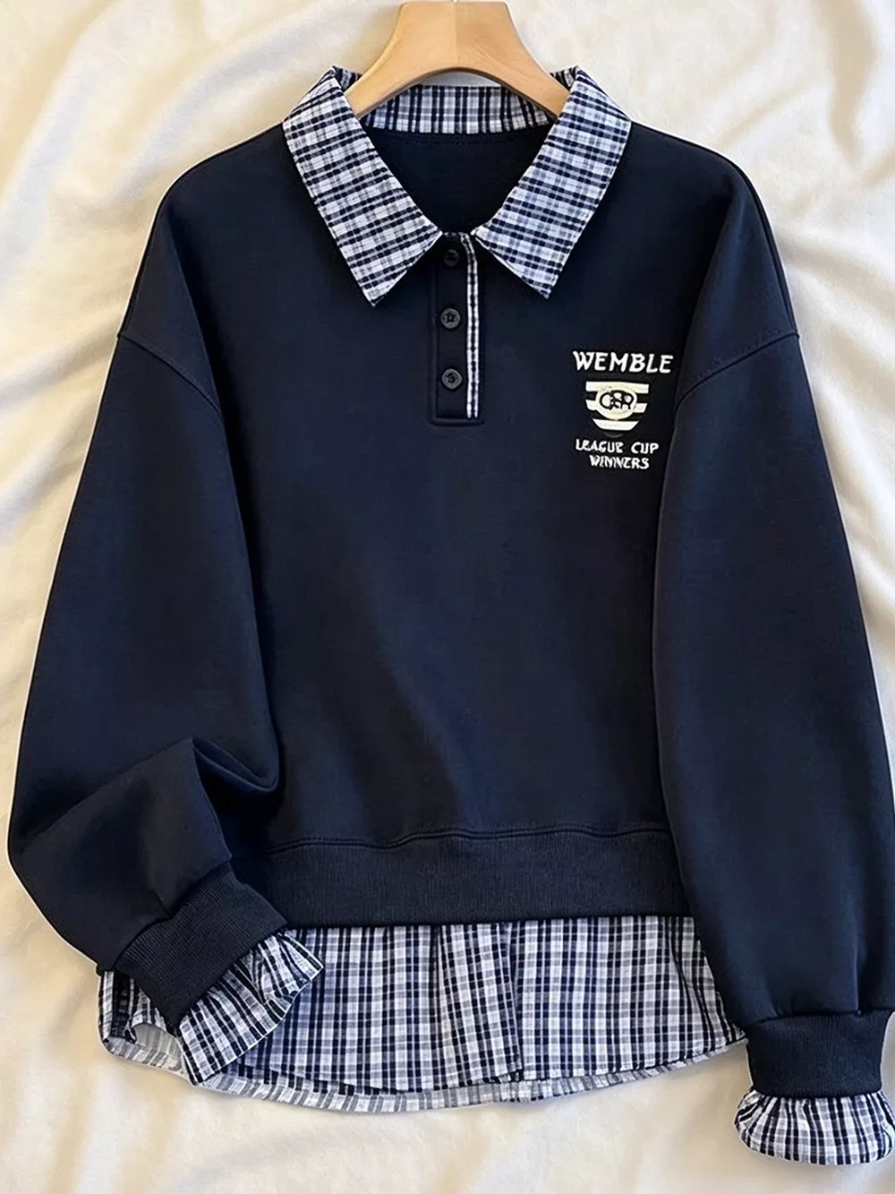 Plaid Collared Faux-Layered Hem Sweatshirt, image 6