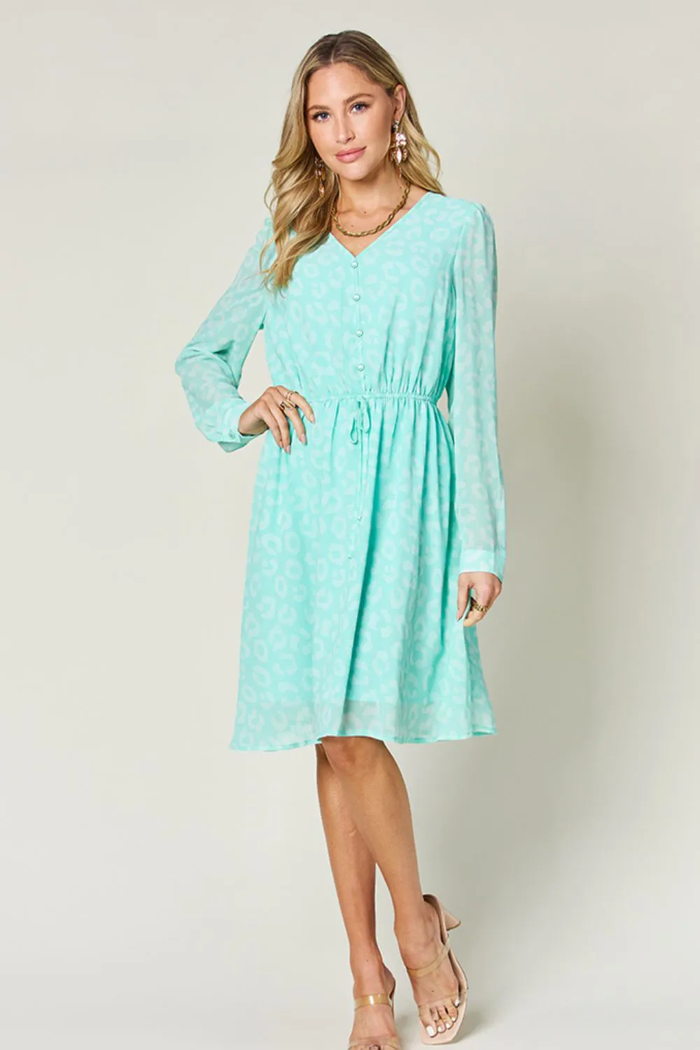 Full Size Printed Ruched V-Neck Long Sleeve Dress, image 9