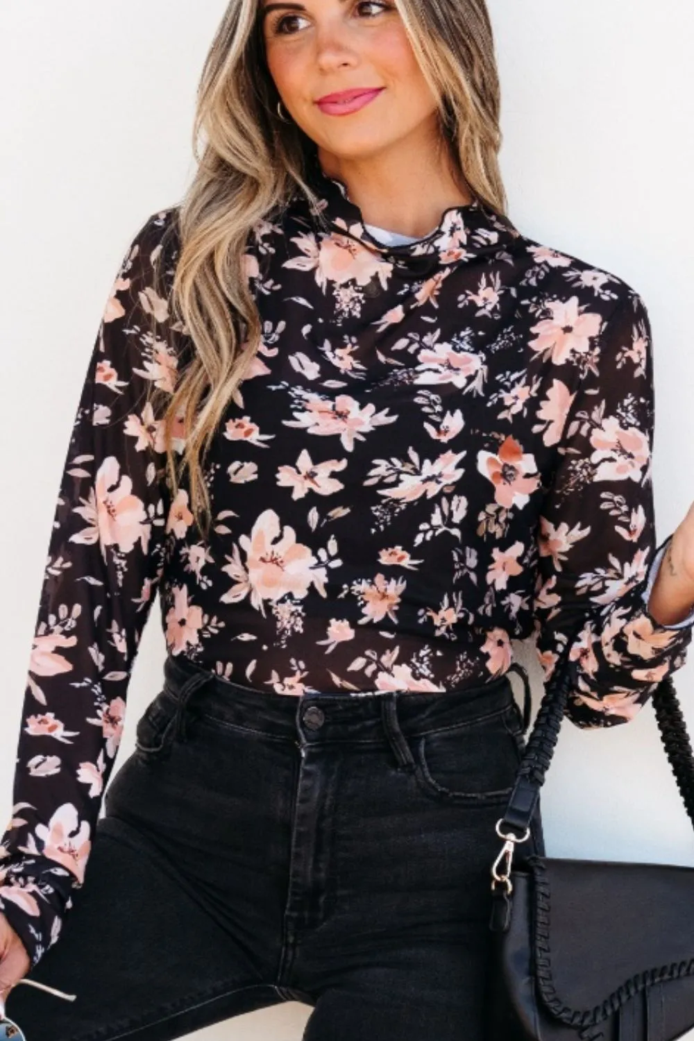 Floral Mock Neck Long Sleeve Blouse, image 3
