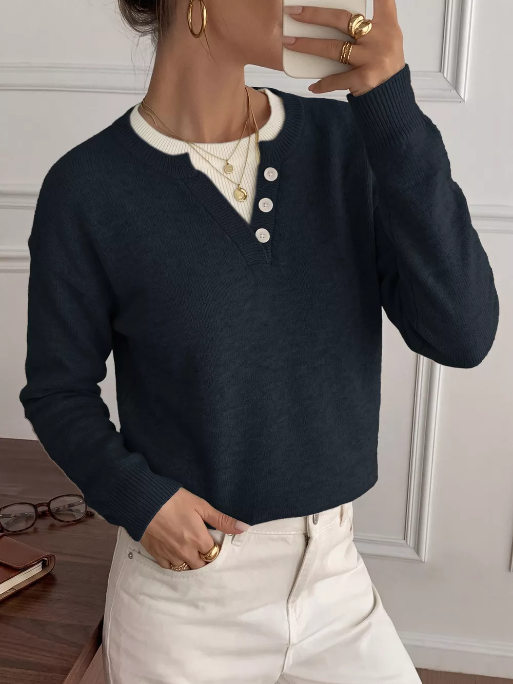 Dropped Shoulder Decorative Button Sweater, image 8