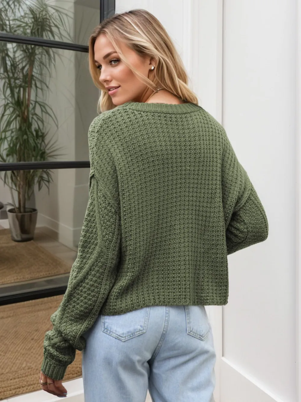 Cable-Knit Round Neck Dropped Shoulder Sweater, image 7