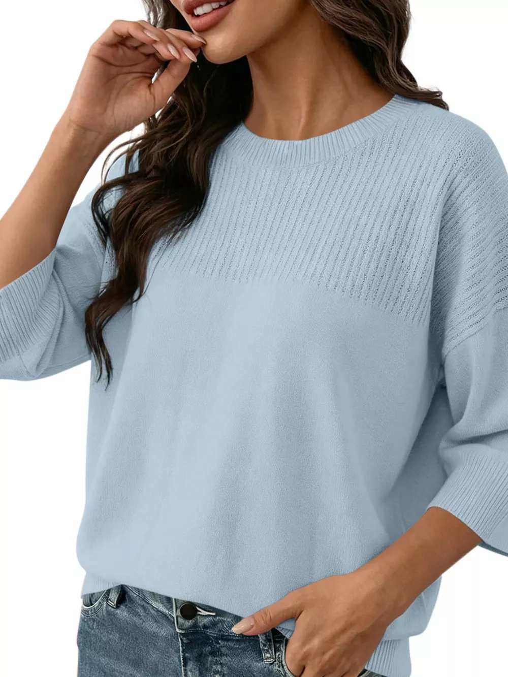 Elegant Crew Neck Eyelet Ribbed Sweater, image 22