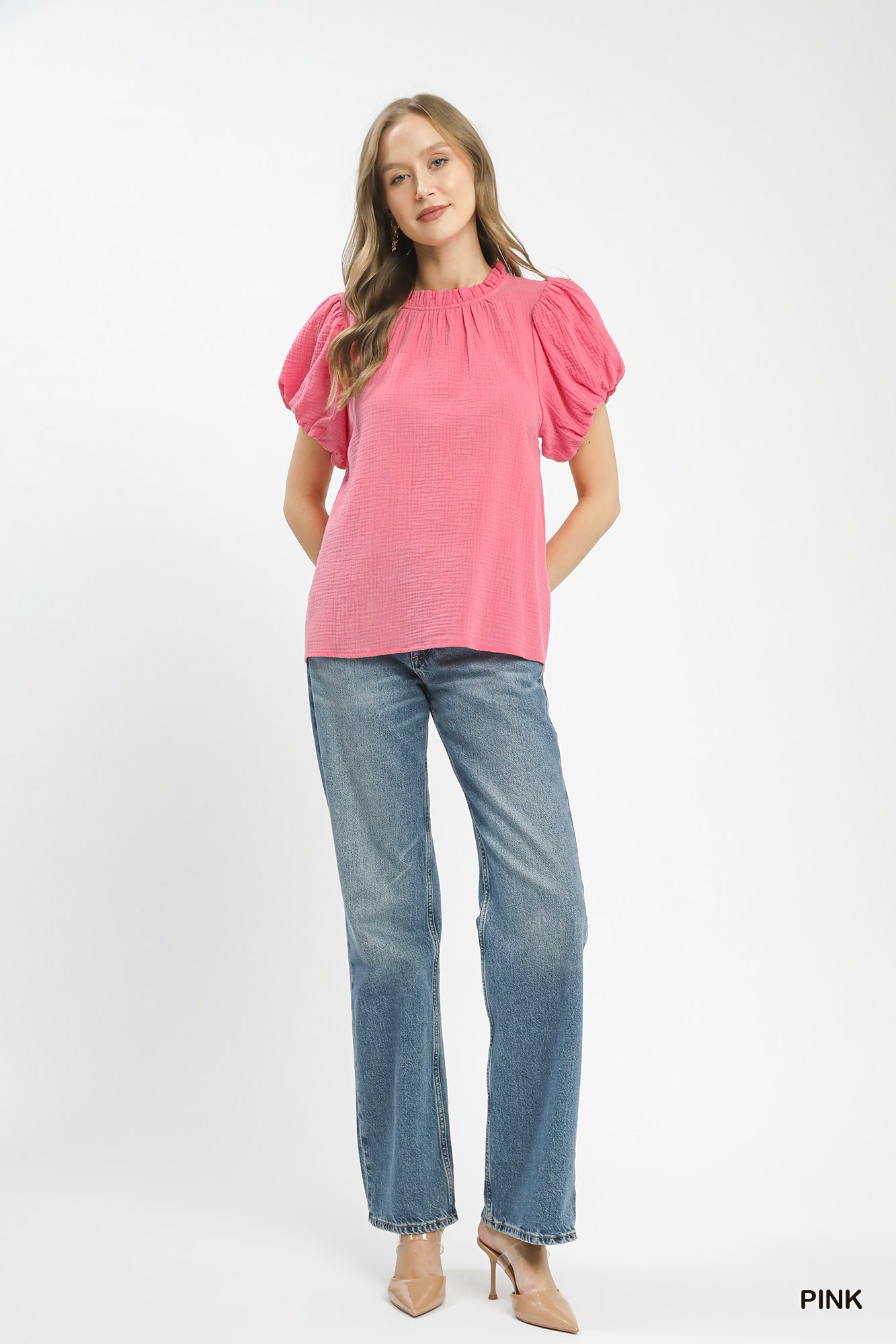 Textured Gauze Ruffle Neck Boho Top, image 2