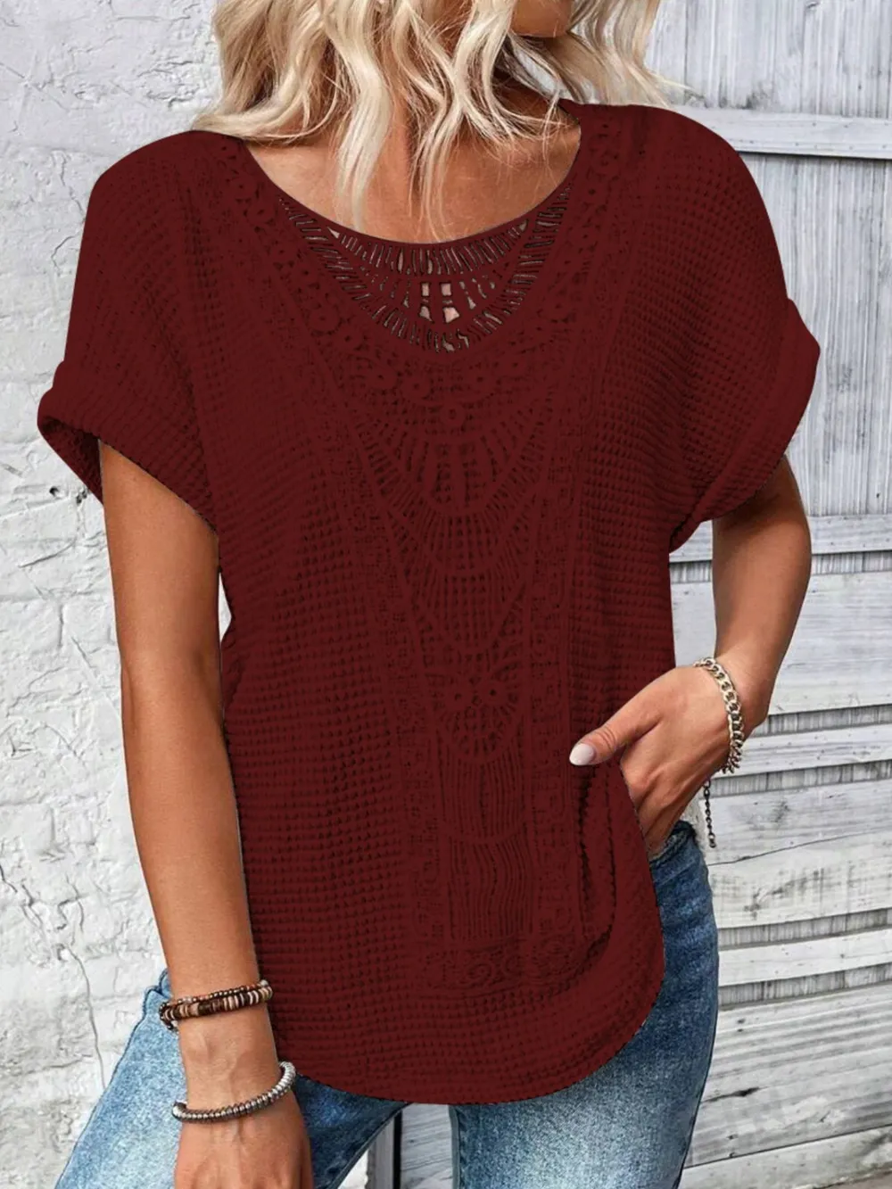 Crochet Lace Short Sleeve Casual T-Shirt, image 7