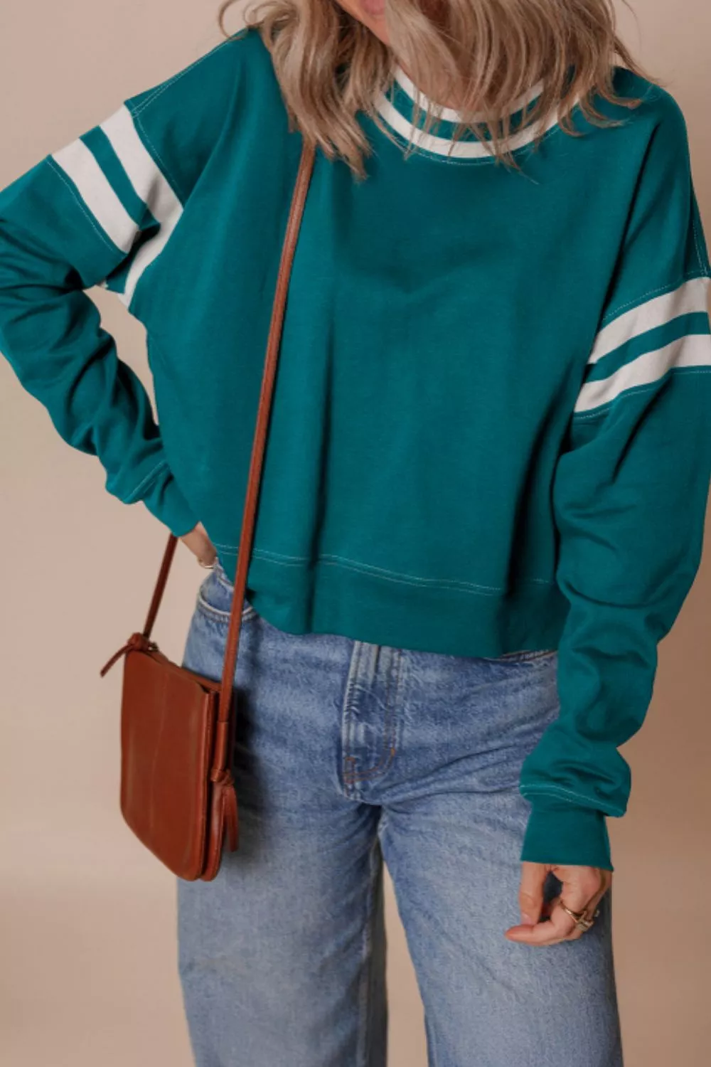 Contrast Striped Patchwork Round Neck Drop Shoulder Sweatshirt, image 3