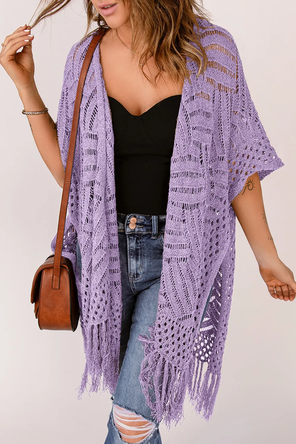 Openwork Open Front Cardigan with Fringes, image 14