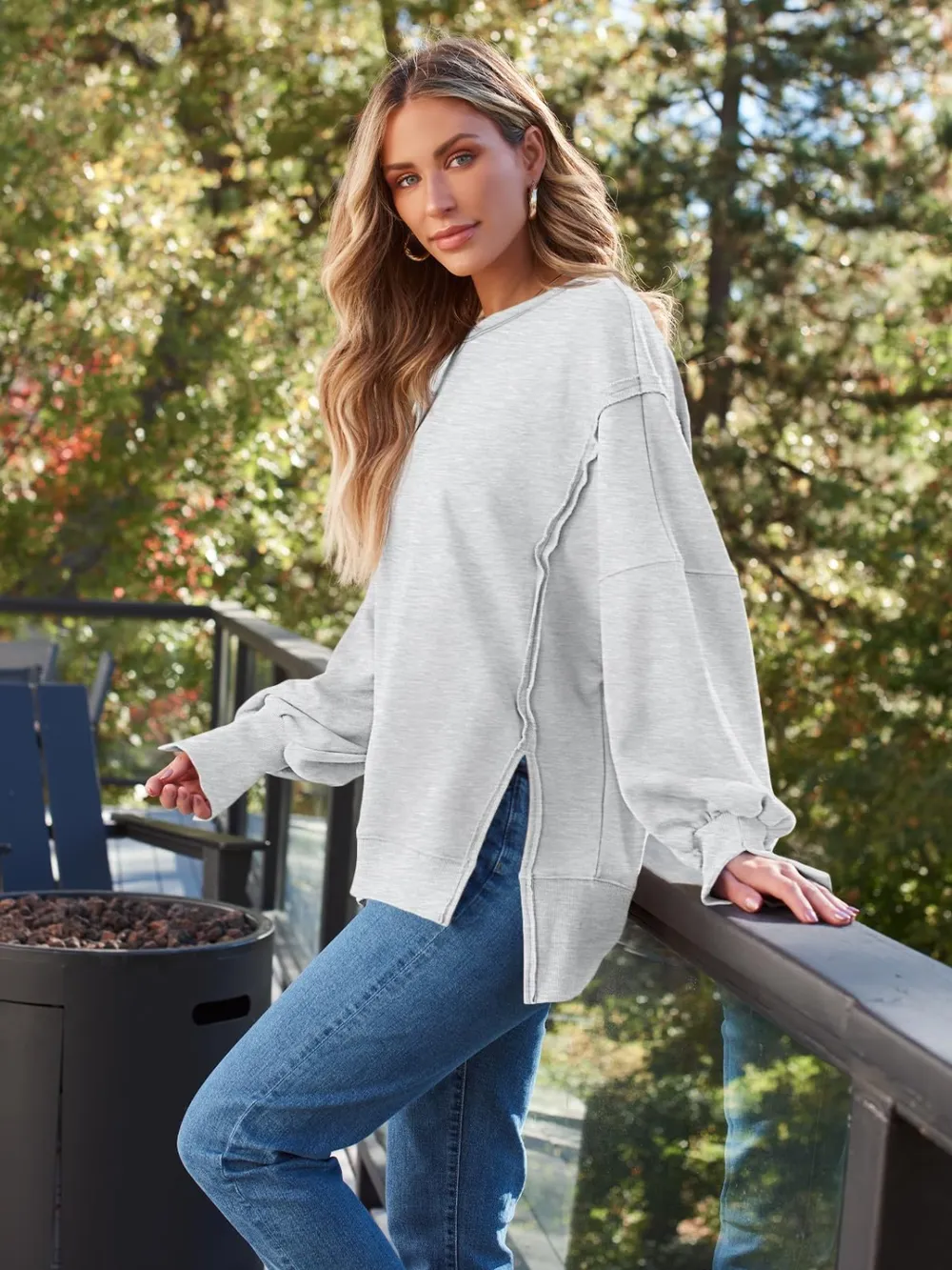 Slit Round Neck Long Sleeve Sweatshirt, image 7