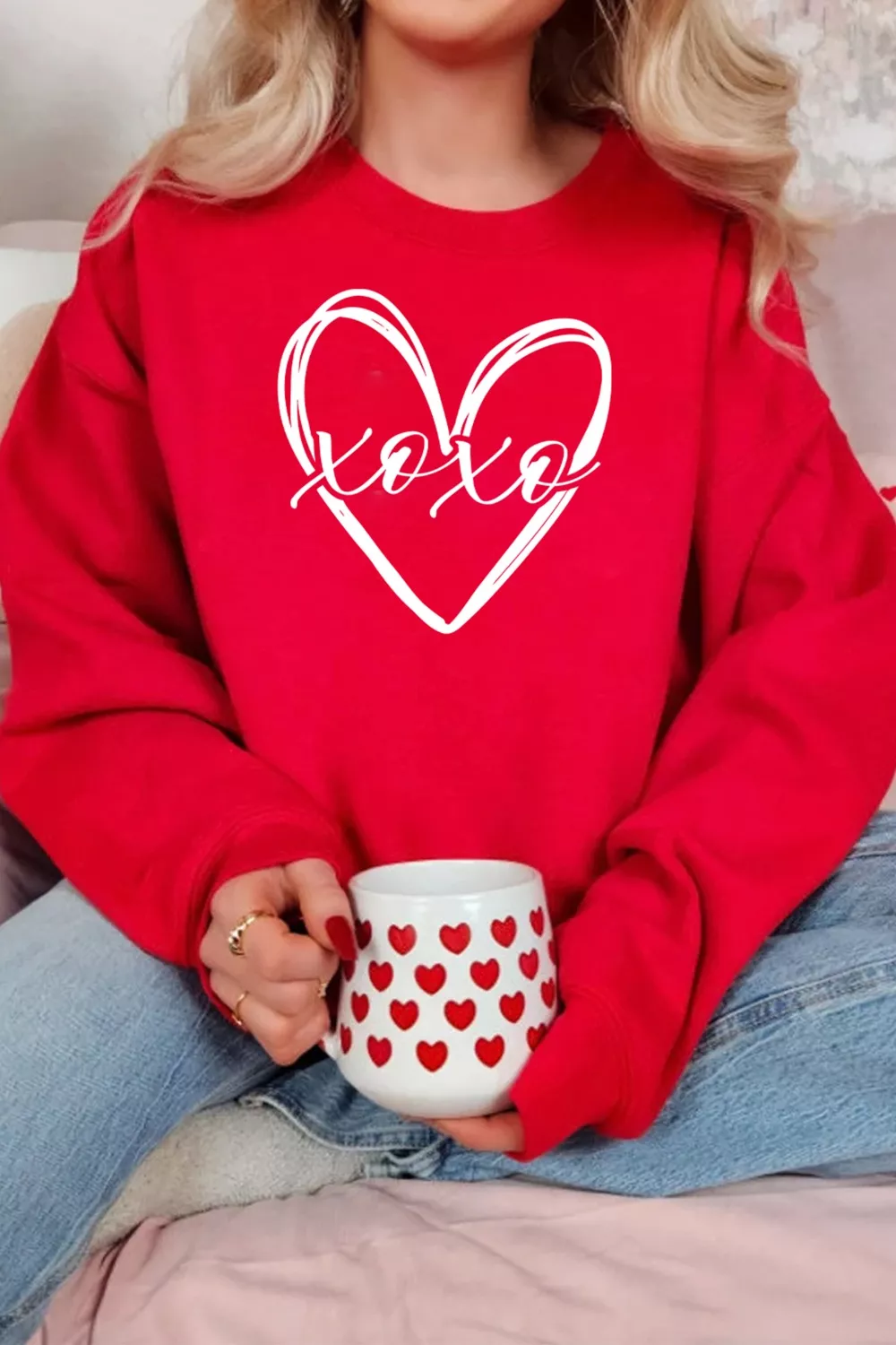 XOXO Valentines Heart Sketch Printed Pullover Sweatshirt, image 4