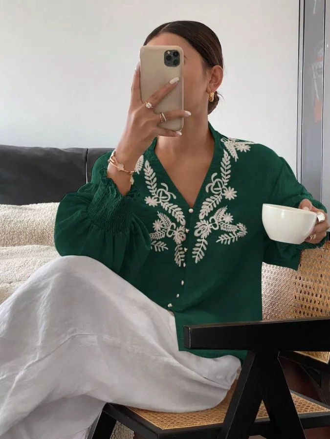 Embroidered Notched Long Sleeve Blouse, image 16