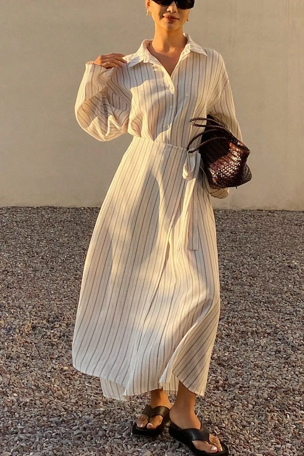 Striped Button-Down Shirt Dress with Waist Tie