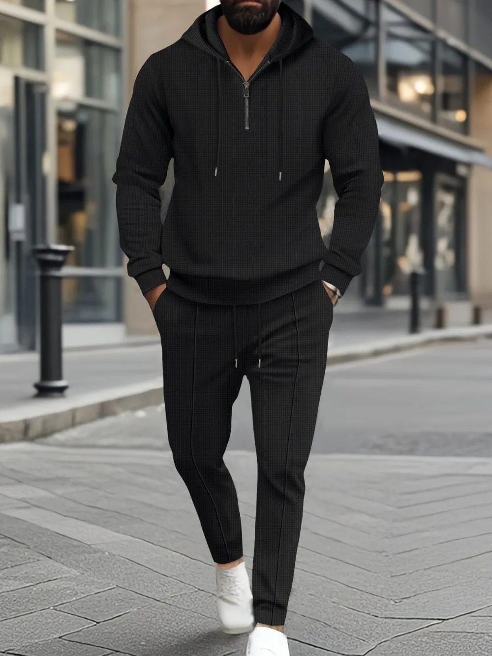 Men's Full Size Waffle-Knit Half Zipper Hoodie and Pants Set Plus Size, image 2