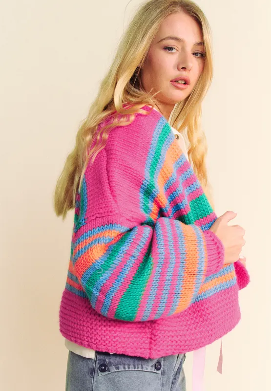 Contrast Striped Open Front Long Sleeve Cardigan, image 4
