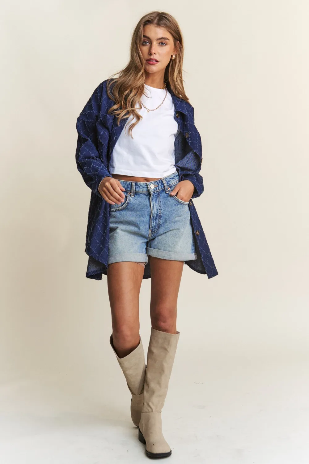 Rhombus Stitched Button Up Denim Shacket, image 3