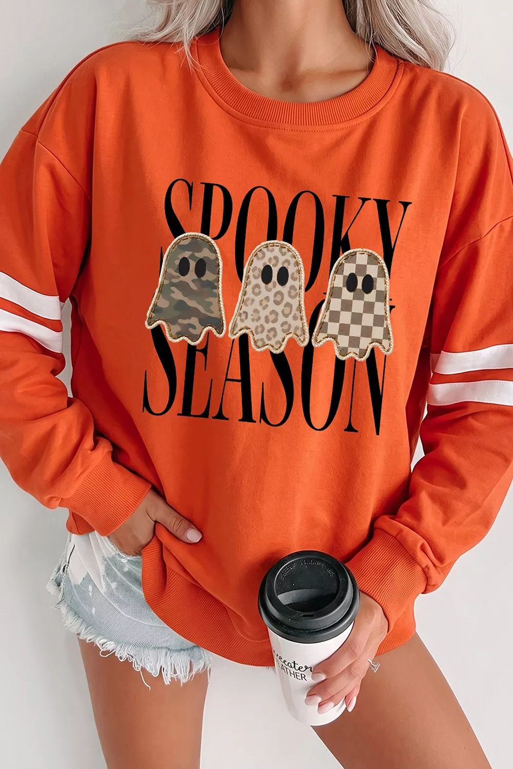 Spooky Season Ghost Graphic Varsity Striped Sleeve Halloween Pullover Sweatshirt, image 3