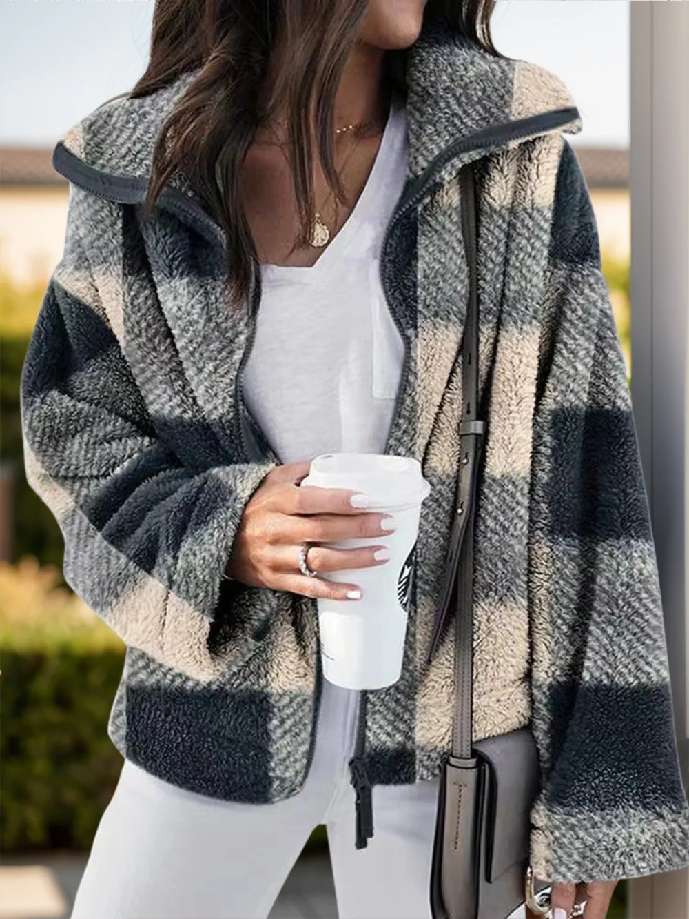 Full Size Plaid Zip Up Long Sleeve Jacket, image 7