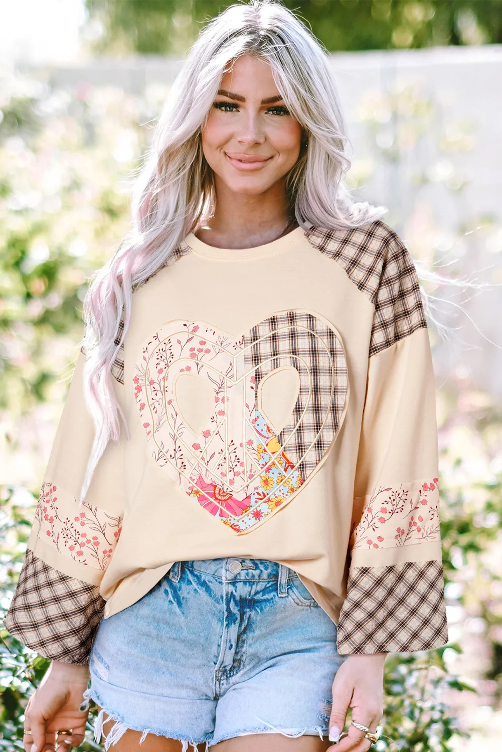 Heart Plaid Round Neck Long Sleeve Blouse, image 4