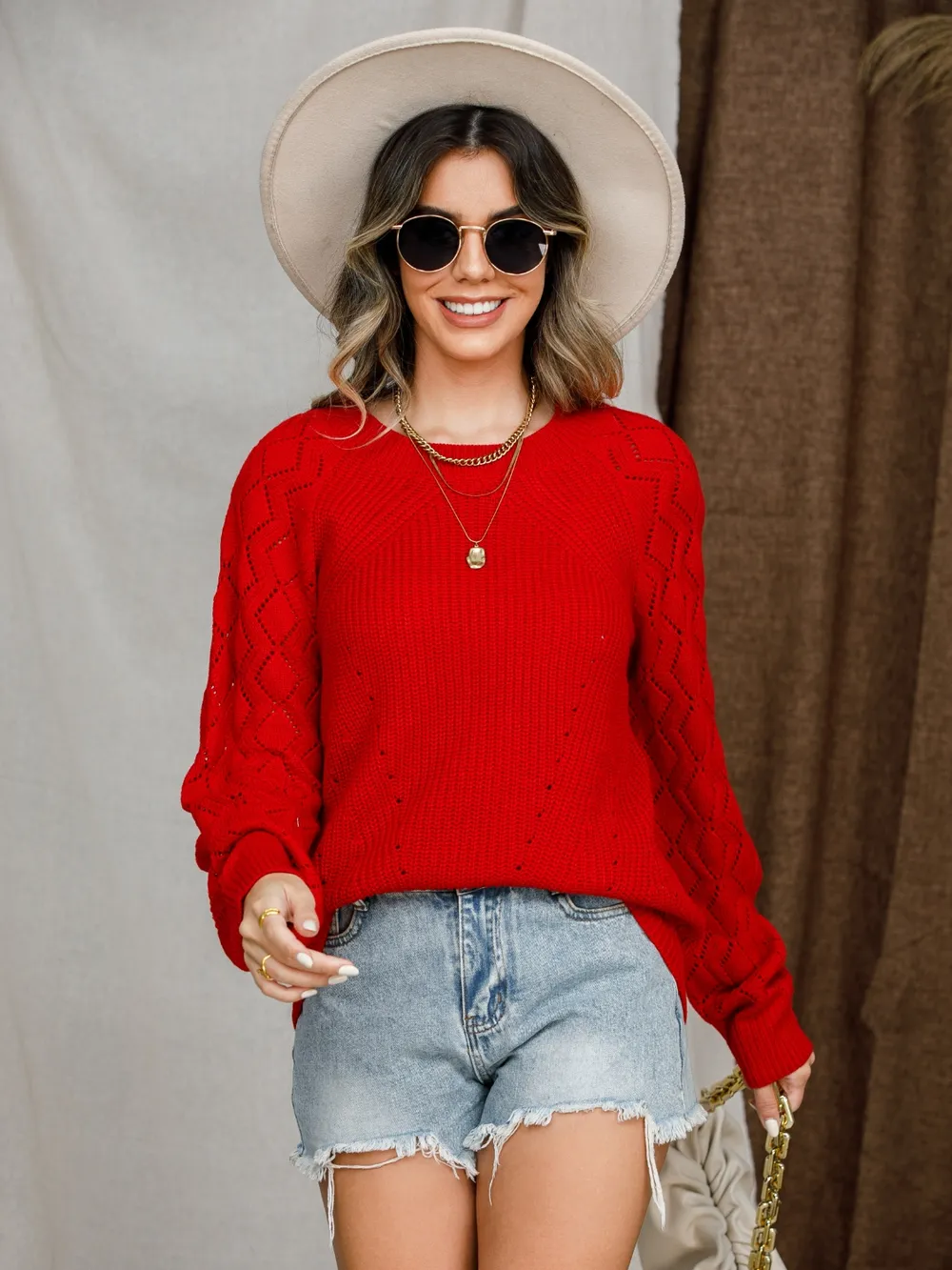 Openwork Round Neck Raglan Sleeve Sweater, image 35