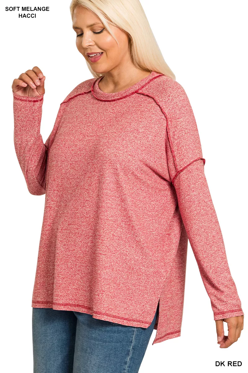 Full Size Melange Hacci Exposed Seam Hi-low Tee Plus Size, image 2